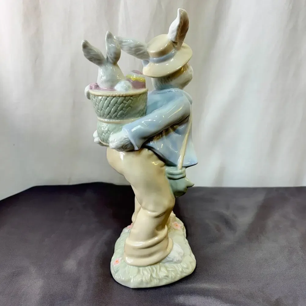 Easter Rabbit Baby Bunny Basket Ceramic Figurine Decor Glossy Pastel 10.75
